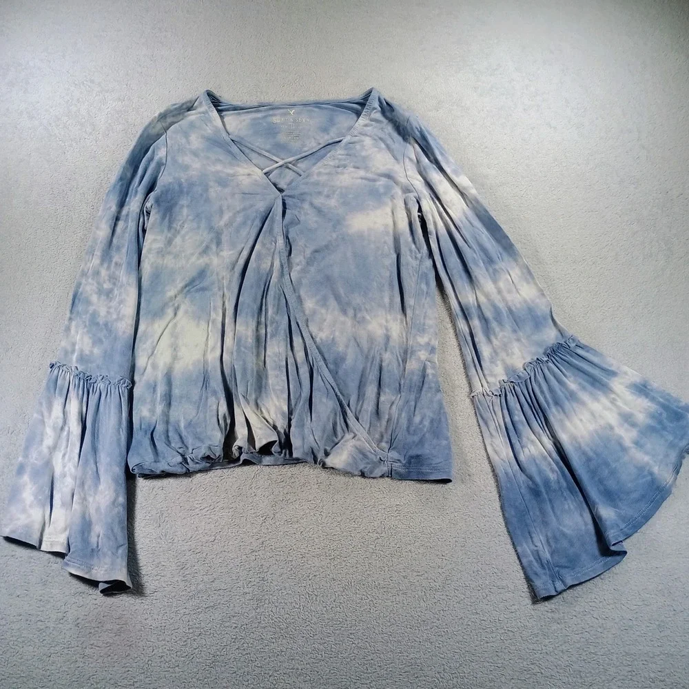 American Eagle Women Soft & Sexy Blue Tie Dye Small Bell Sleeve Wrap Top